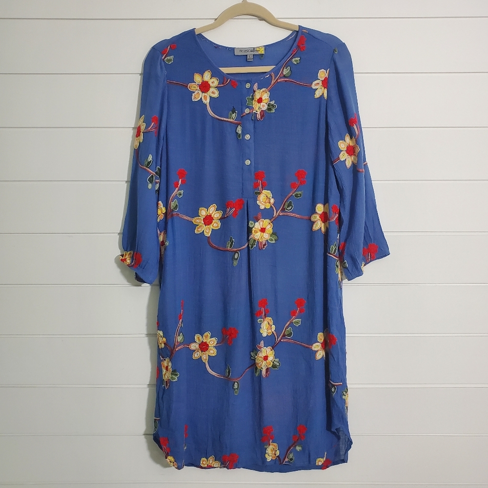 Figueroa & Flower Womens Embroidered Boho Shift Dress Blue Rayon Festival Size L